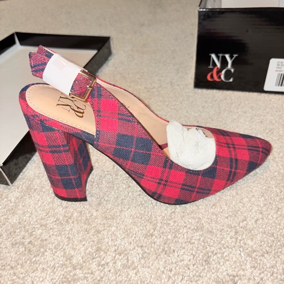 New York & Company Red and Black Plaid Heels - Picture 1 of 5